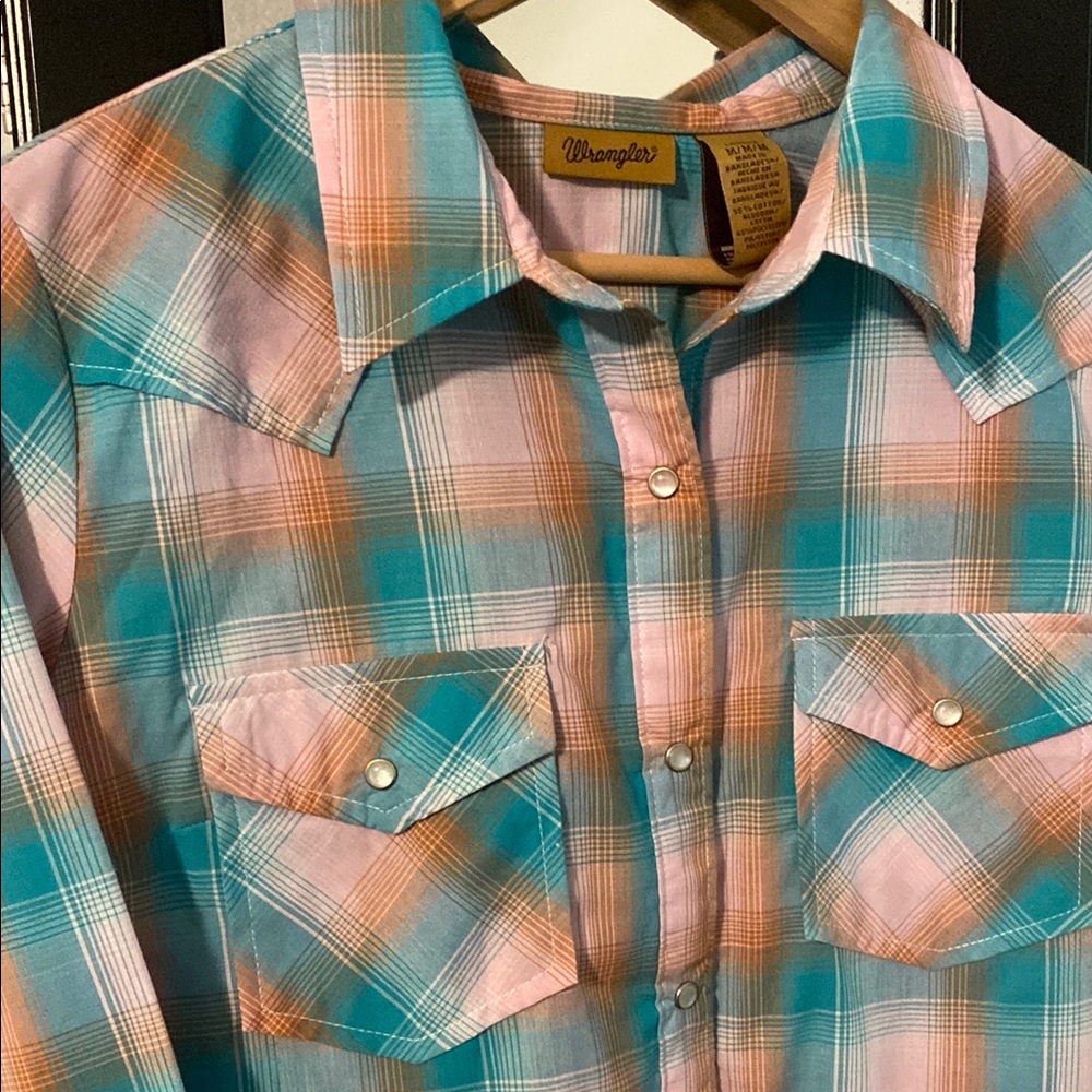 Wrangler Plaid Button Down Shirt - Pink, teal, and tan. PTP 18.5”